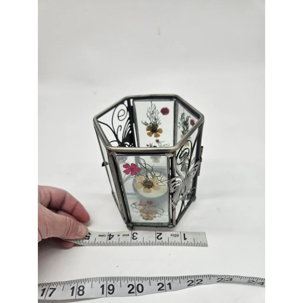 Vintage Dried Pressed Flower Glass Candle Tea Light Votive Holder Square Silver